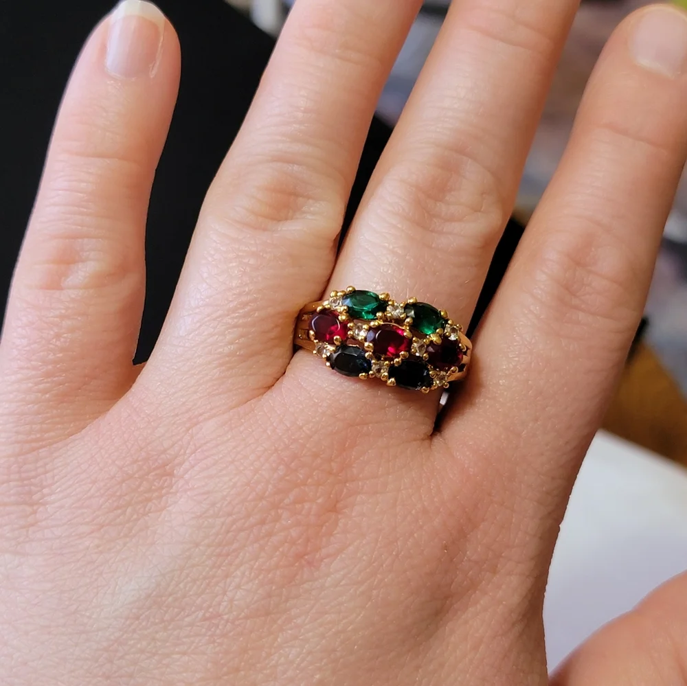 Multi-gem Gold Tone Cocktail Ring Faux Emerald Sapphire Ruby and Diamond Vintage